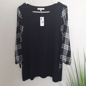 *ANTHROPOLOGY NAVY BLUE PLAID 3/4 SLEEVE BLOUSE TOP T-SHIRT PULL OVER NWT SM